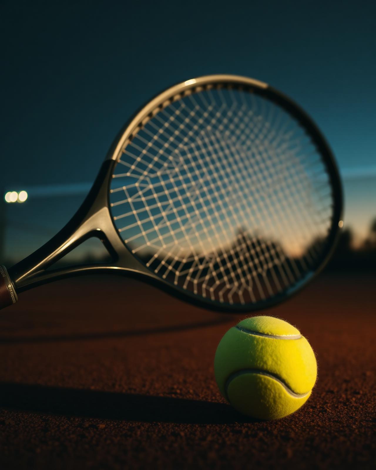 Tennis racket and ball on a clay court